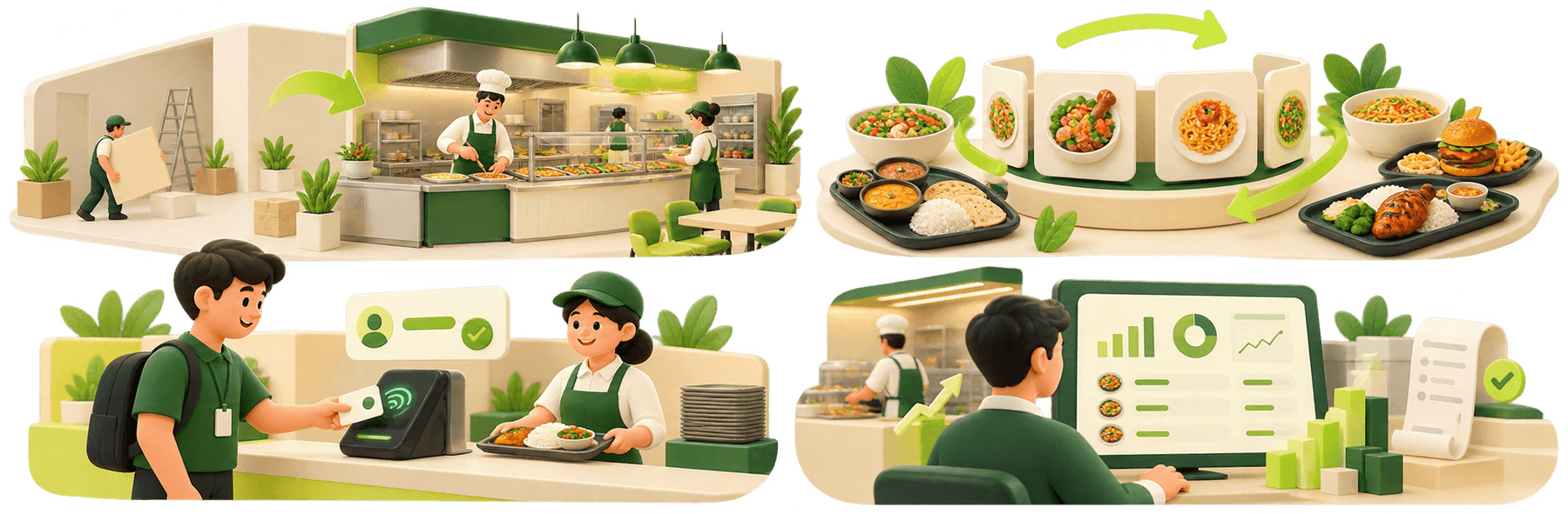 A corporate canteen being set up and staffed, a rotating weekly menu, employees paying with a card at the counter, and a manager reviewing reports