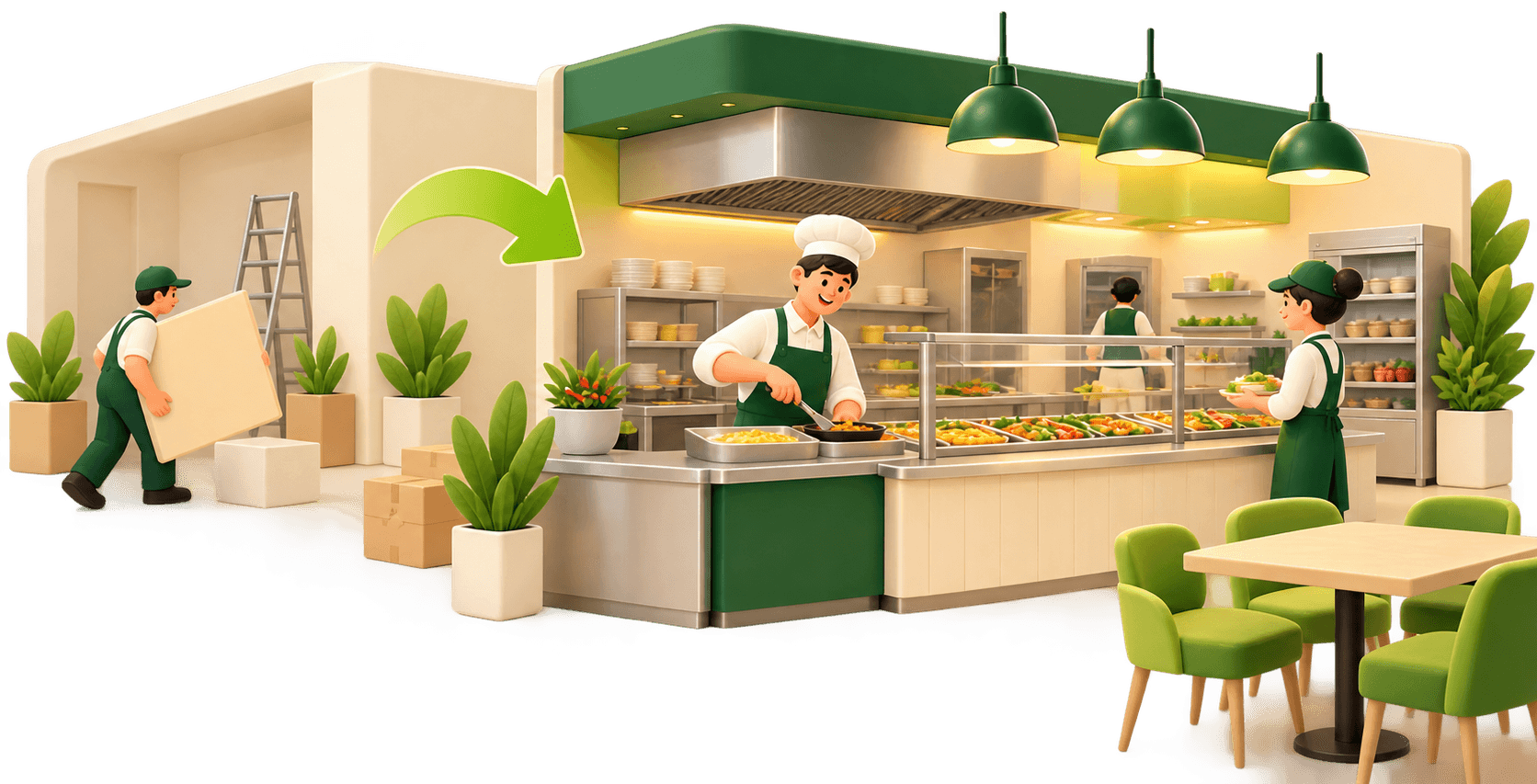 A canteen being fitted out while cooks serve fresh food at a staffed counter with seating