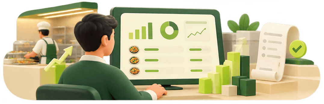 A manager reviewing sales charts, dish reports and printed bills on a dashboard
