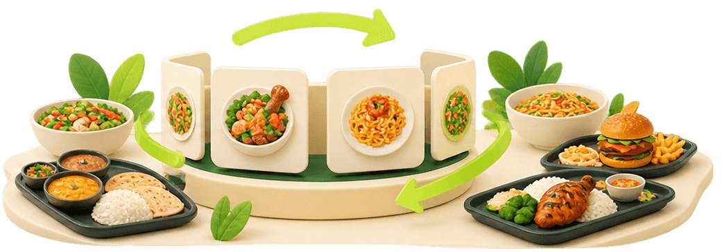 A rotating menu of dishes (thalis, noodles, grills and burgers) changing through the week